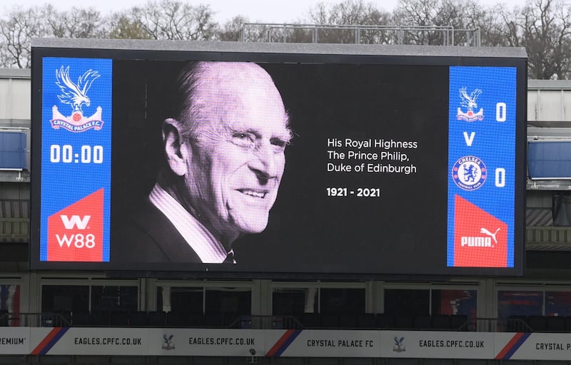A big screen displays an image commemorating Prince Philip, before the Premier League football match between Crystal Palace and Chelsea at Selhurst Park, London. Reuters