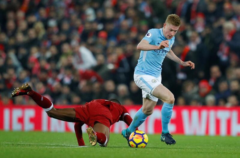 Centre midfield: Kevin de Bruyne (Manchester City) – Outstanding in defeat, the Belgian created a series of chances and almost set up an injury-time equaliser at Anfield. Phil Noble / Reuters