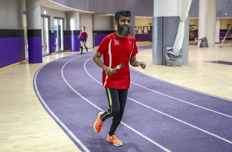 Abu Dhabi, United Arab Emirates, June 20, 2019.  Refugee day relay at NYUAD 
One of the participants has set his personal goal for the relay race at 40-50kms. He will be running from 7am-10am and then again in the afternoon from 4pm onwards. --  Mansoor Ali Al Shaikh.
Victor Besa/The National
Section:  NA
Reporter:  Haneen Dajani