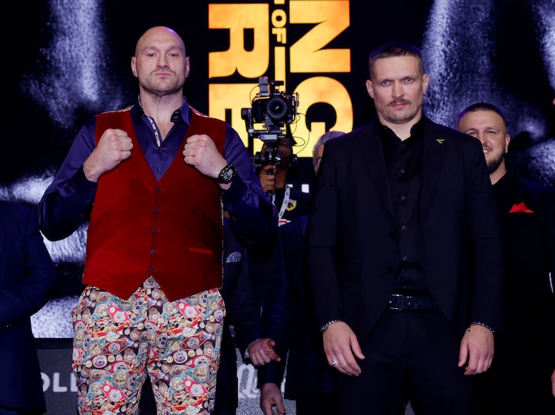 Tyson Fury, left, and Oleksandr Usyk announce their undisputed bout. Reuters 