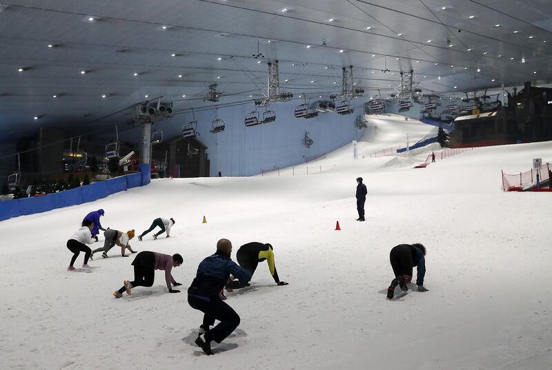 DUBAI , UNITED ARAB EMIRATES , November 22 – 2020 :- Around 30 participants during the free high intensity interval training (HIIT) session as part of the Dubai Fitness Challenge held at Ski Dubai in Mall of the Emirates in Dubai. ( Pawan Singh / The National ) For News/Standalone/Online/Instagram/Big Picture