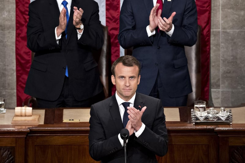 Emmanuel Macron, France's president, claps while speaking to a joint meeting of Congress at the U.S. Capitol in Washington, D.C., U.S., on Wednesday, April 25, 2018. Macron is pushing the limits of international diplomacy, as his last-ditch appeal to salvage the Iran nuclear deal wrong-footed European allies and was met with intransigence by U.S. President Donald Trump. Photographer: Andrew Harrer/Bloomberg