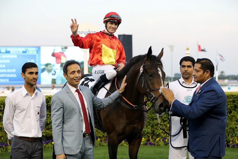 DUBAI , UNITED ARAB EMIRATES , FEB 03  – 2017 :-  Yulong Warrior  ( USA ) ridden by Richard Mullen ( no 15 ) won the fourth horse race 1600 m dirt held at Meydan Racecourse in Dubai. ( Pawan Singh / The National ) For Sports. Story by Amith