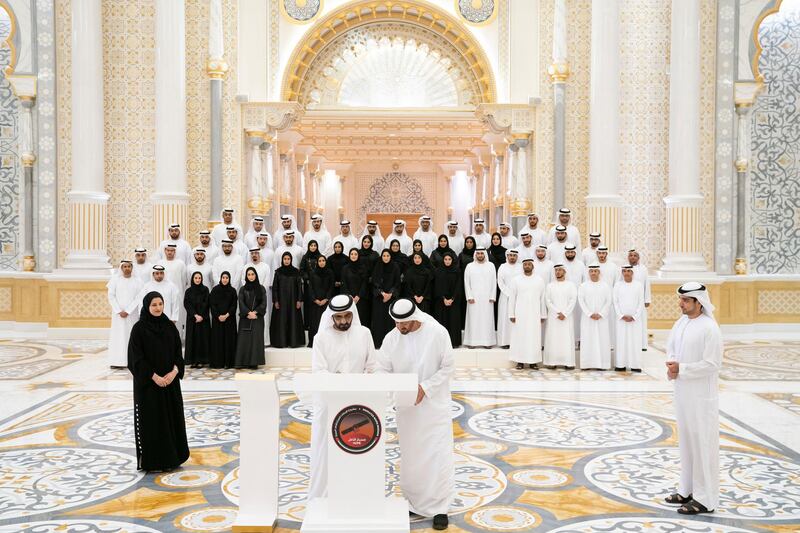 ABU DHABI, UNITED ARAB EMIRATES - January 05, 2020: HH Sheikh Mohamed bin Zayed Al Nahyan, Crown Prince of Abu Dhabi and Deputy Supreme Commander of the UAE Armed Forces (center R) and HH Sheikh Mohamed bin Rashid Al Maktoum, Vice-President, Prime Minister of the UAE, Ruler of Dubai and Minister of Defence (center L), sign a piece of the Hope Probe, which will be launched to Mars in July, at Qasr Al Watan. Seen with HE Sarah Yousif Al Amiri, UAE Minister of State for Advanced Sciences (front L).


( Hamad Al Kaabi / Ministry of Presidential Affairs )
---