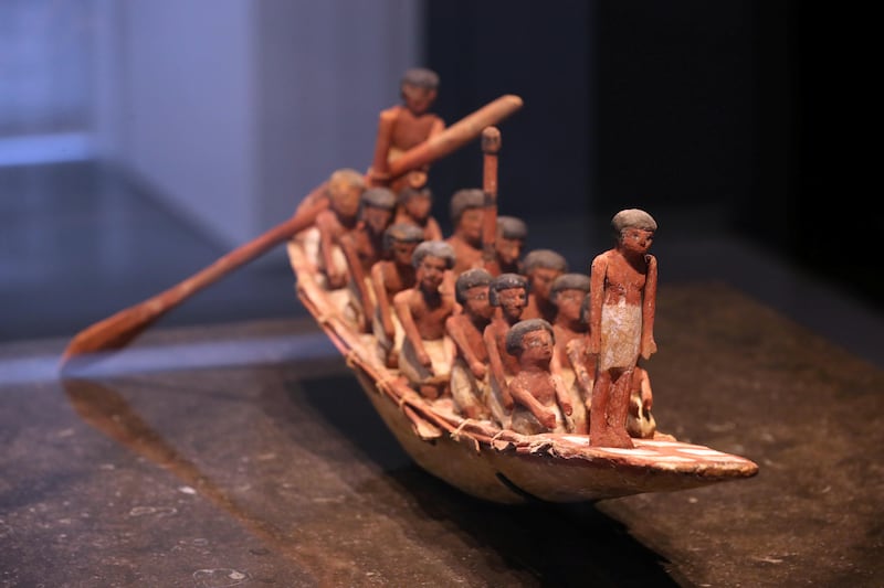 Abu Dhabi, United Arab Emirates - November 6th, 2017: Piece: Model funerary boat and crew at the Louvre. Louvre Media Day. Monday, November 6th, 2017 at Louvre, Abu Dhabi. Chris Whiteoak / The National