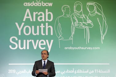 Jihad Azour, director of the Middle East and Central Asia Department of the International Monetary Fund presents the keynote speech at the 11th annual Arab Youth Survey. Chris Whiteoak / The National