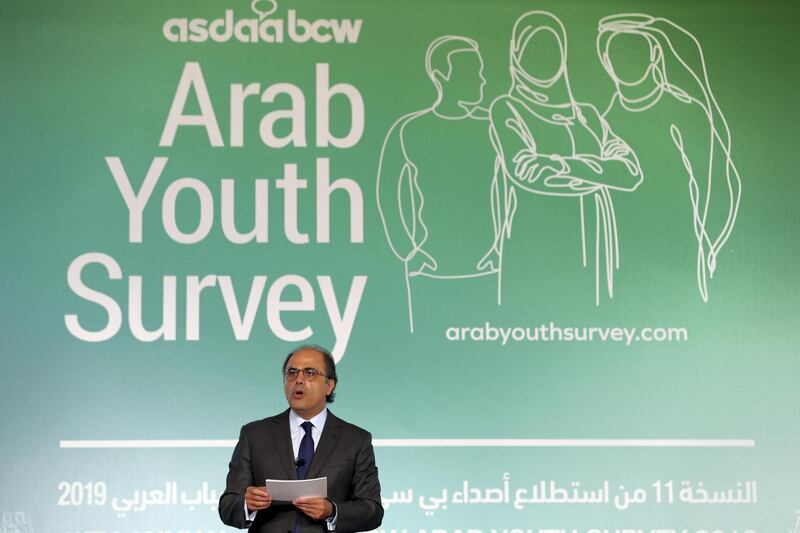 Dubai, United Arab Emirates - April 30, 2019: Jihad Azour, Director, Middle East and Central Asia Department
International Monetary Fund presents the keynote speech at the 11th annual Arab Youth Survey. Tuesday the 30th of April 2019. DIFC, Dubai. Chris Whiteoak / The National