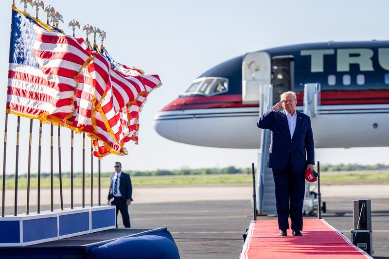 Former US president Donald Trump arrives for a rally at the Waco Regional Airport in Texas. AFP