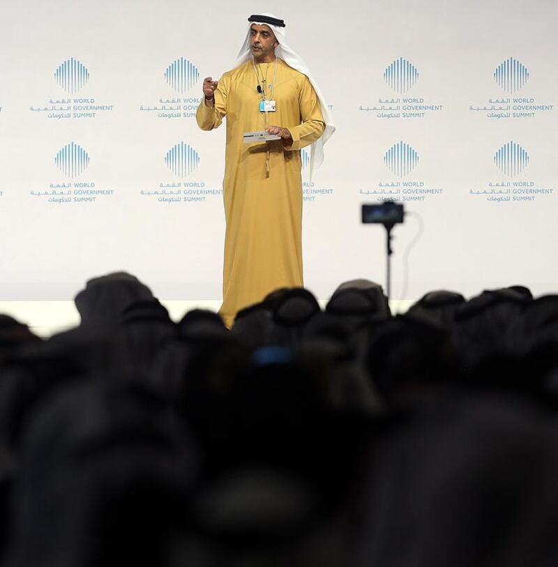Sheikh Saif Bin Zayed, Deputy Prime Minister and Minister of Interior, speaks during the  World Goverment Summit in Dubai. Satish Kumar / The National