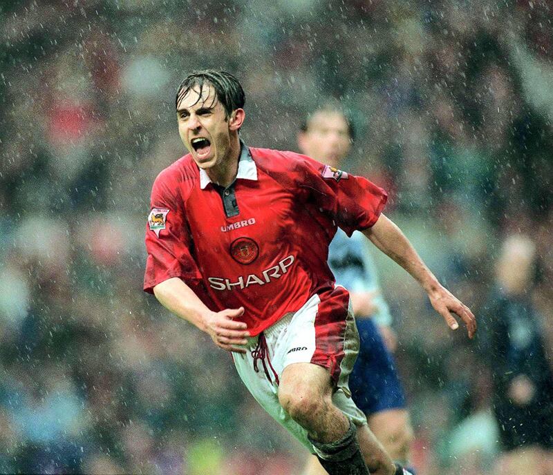 Manchester United v Middlesbrough, Premier League, 5/5/97 
Pic: Darren Walsh/Action Images 
Manchester United's Gary Neville celebrates scoring their second goal