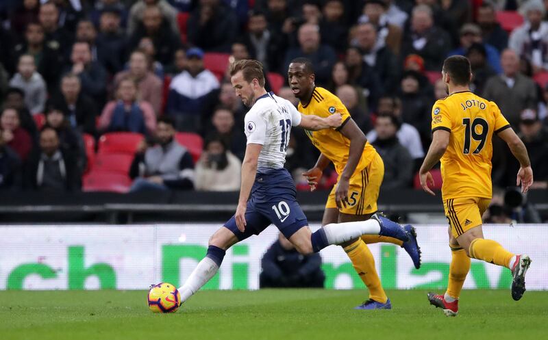 Harry Kane scores against Wolves on December 29, 2018. PA