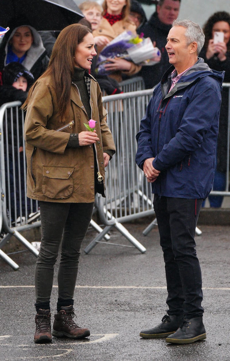 The Princess of Wales, in a Barbour jacket, skinny jeans and walking boots, arrives for a visit to Dowlais Rugby Club near Merthyr Tydfil in Wales to meet with mountain rescue volunteers and supporters. PA Wire