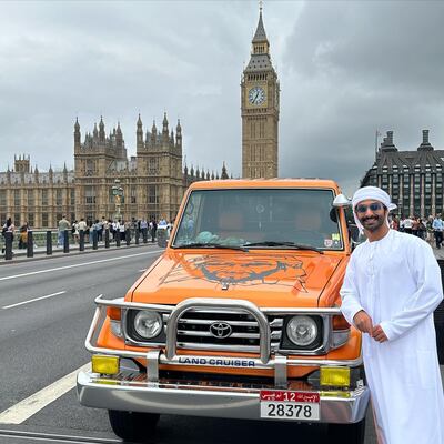 Sultan Al Nahdi with his pick-up truck near Big Ben and the Houses of Parliament in London. Photo: Sultan Al Nahdi