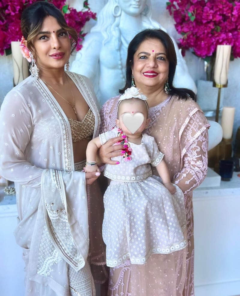 Priyanka Chopra with her mother Madhu Chopra and daughter Malti Marie. 