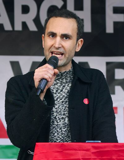 Khalid Abdalla speaking at a demonstration in central London on Saturday. PA