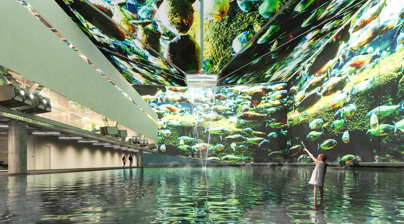 Visitors can walk in ankle-deep water around Brazil's pavilion and watch videos and photographs of the Amazon rainforest.