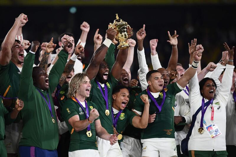 South Africa captain Siya Kolisi lifts the Webb Ellis Cup after the Spinrgboks beat England 32-12 in the Rugby World Cup final in Yokohama, Japan. AFP