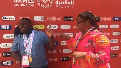 Joseph and Mary Bradley celebrate at the Special Olympics World Games. Shireena Al Nowais / The National