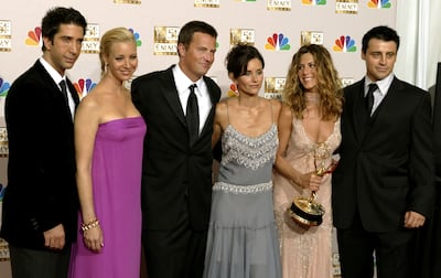 From left: David Schwimmer, Lisa Kudrow, Matthew Perry, Courteney Cox, Jennifer Aniston and Matt LeBlanc at the 54th Emmy Awards in 2002. Reuters 