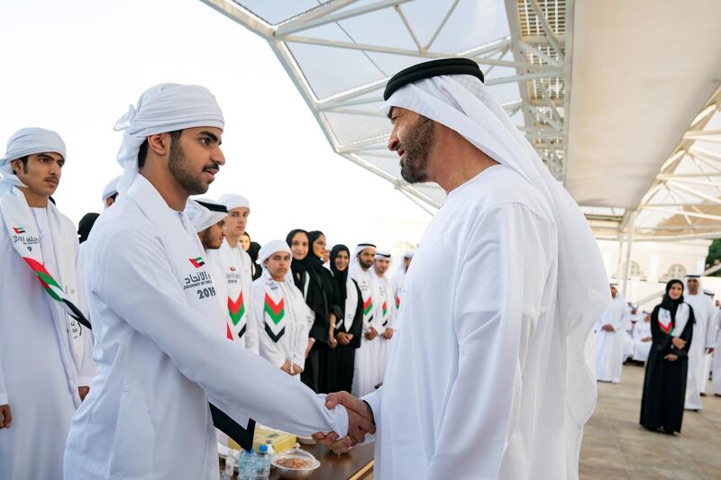 ABU DHABI, UNITED ARAB EMIRATES - December 16, 2019: HH Sheikh Mohamed bin Zayed Al Nahyan, Crown Prince of Abu Dhabi and Deputy Supreme Commander of the UAE Armed Forces (R) greets a member of 'Journey of the Union' initiative, during a Sea Palace barza.

( Mohamed Al Hammadi / Ministry of Presidential Affairs )
---