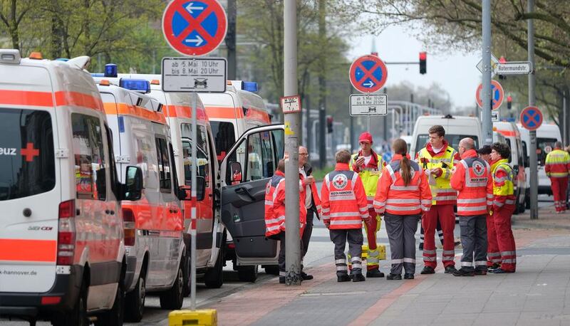 Ambulances line up in Hannover to take patients from a care facility away from the site of an unexploded Second World War bomb. Peter Steffen / AFP / dpa