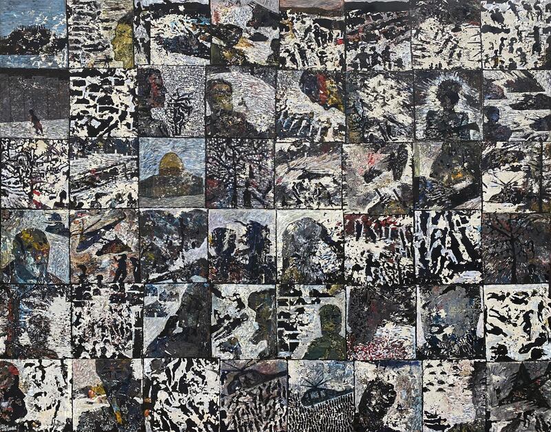 Layering and stripping canvases, Tayseer Barakat tells the story of confinement and occupation through multiple scenes in 'Light in the Dark'. Courtesy the artist and Zawyeh Gallery
