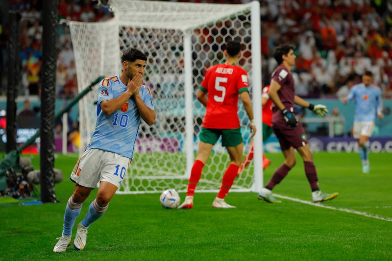 Spain's Marco Asensio after hitting the side netting with an attempt on goal. AFP