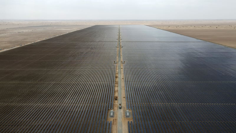 Aerial view of the Mohammed bin Rashid Al Maktoum Solar Park Phase 5 in Dubai, operated by Dewa. Pawan Singh / The National
