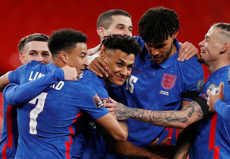 Soccer Football - World Cup Qualifiers Europe - Group I - England v San Marino - Wembley Stadium, London, Britain - March 25, 2021 England's Ollie Watkins celebrates scoring their fifth goal with teammates Pool via REUTERS/Adrian Dennis     TPX IMAGES OF THE DAY