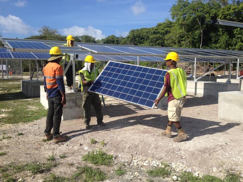 Construction in Peleliu. Masdar's hybrid diesel PV Plants and solar home systems in Palau. The Republic of Palau consists of over 250 islands inhabited by 21,186 citizens. The three projects in Palau consist of a 100 kW PV / 150kW low-load diesel hybrid generation plant on Peleliu, a 100 kW PV / 100 kW diesel hybrid plant on Angaur which powers a water treatment facility capable of supplying 50 m3 of clean water per day, and 100 of 1.7 kW solar home systems on the island of Koror provided through a subsidy loan programme by the National Development Bank of Palau.  Courtesy Masdar