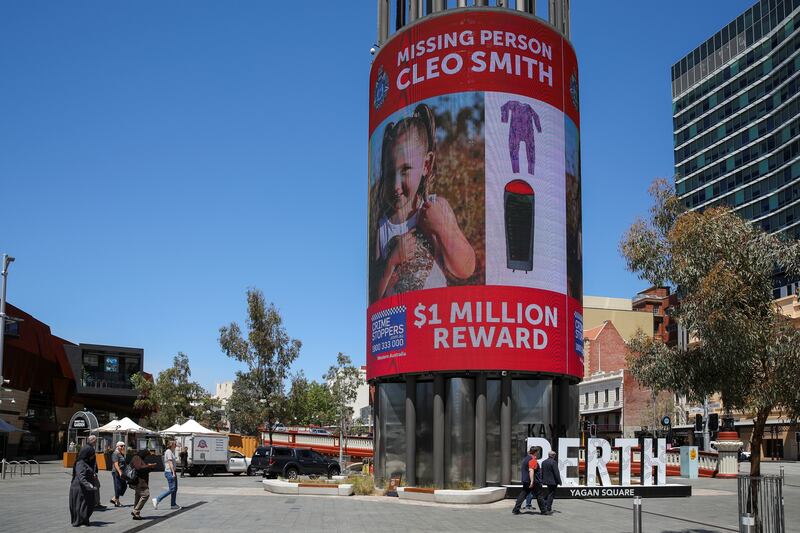 A sign offering a $1 million reward for information about Cleo is displayed in Perth, Australia. Reuters