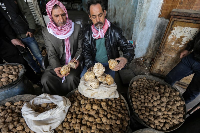 Stallholders sort desert truffles at the Hama market. They are collected between February and April