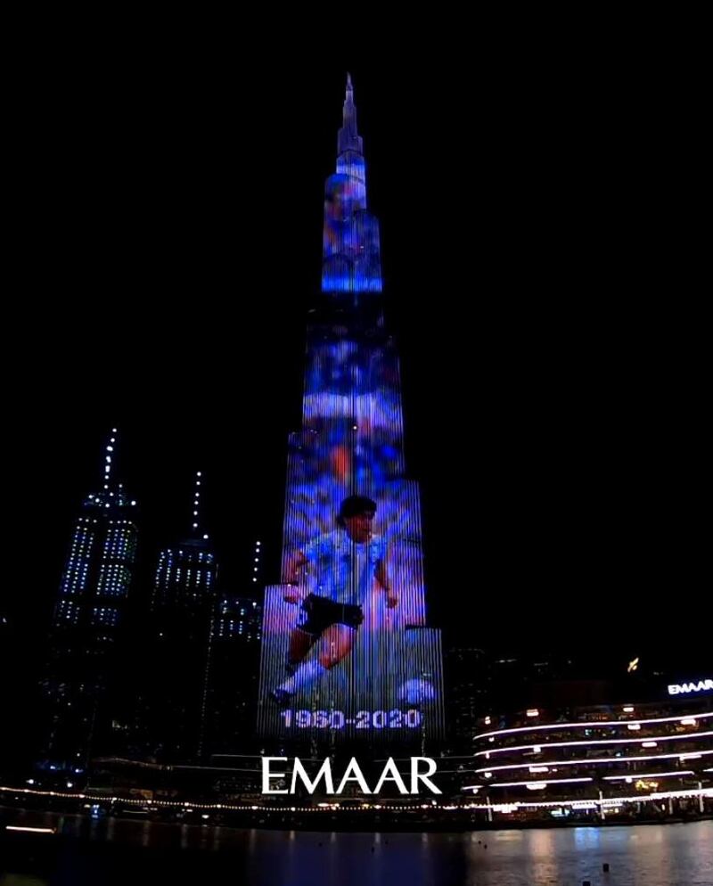 Burj Khalifa pays tribute to Diego Maradona. Courtesy Emaar