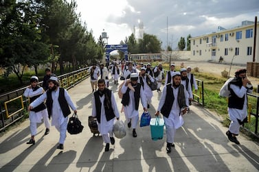 Taliban prisoners walk in Pul-e-Charkhi prison, on the outskirts of Kabul, last month. Afghan President Ashraf Ghani has ordered the release of hundreds of Taliban prisoners. AFP