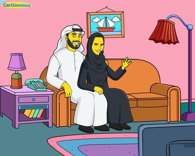 Emirati internet stars Khalid Al Ameri and wife Salama recreated as characters from 'The Simpsons'.  Courtesy of I'm Cartoonified