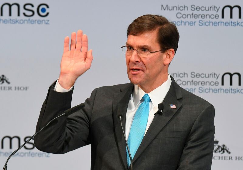 US Secretary for Defence Mark Esper adresses the audience on the podium during the 56th Munich Security Conference (MSC) in Munich, southern Germany.  AFP