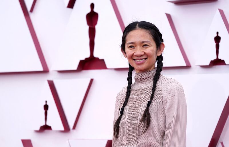 epa09159948 Chloe Zhao arrives for the 93rd annual Academy Awards ceremony at Union Station in Los Angeles, California, USA, 25 April 2021. The Oscars are presented for outstanding individual or collective efforts in filmmaking in 24 categories. The Oscars happen two months later than originally planned, due to the impact of the coronavirus COVID-19 pandemic on cinema.  EPA/Chris Pizzello / POOL *** Local Caption *** 55864152