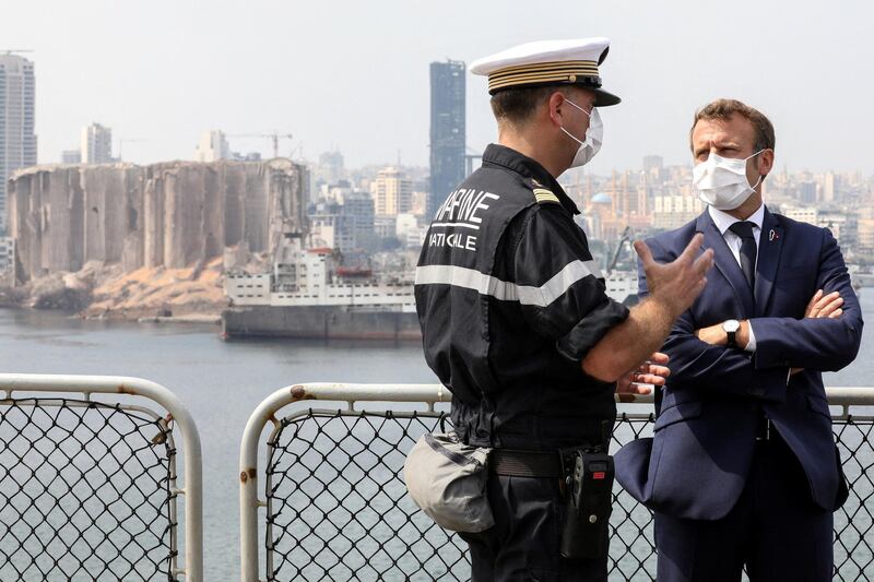 President Emmanuel Macron meets with UN representatives and NGOs mobilized for the reconstruction of the port of Beirut on the Tonnerre helicopter carrier in Beirut on september 1st 2020. Photo by Stephane Lemouton/pool/ABACAPRESS.COM