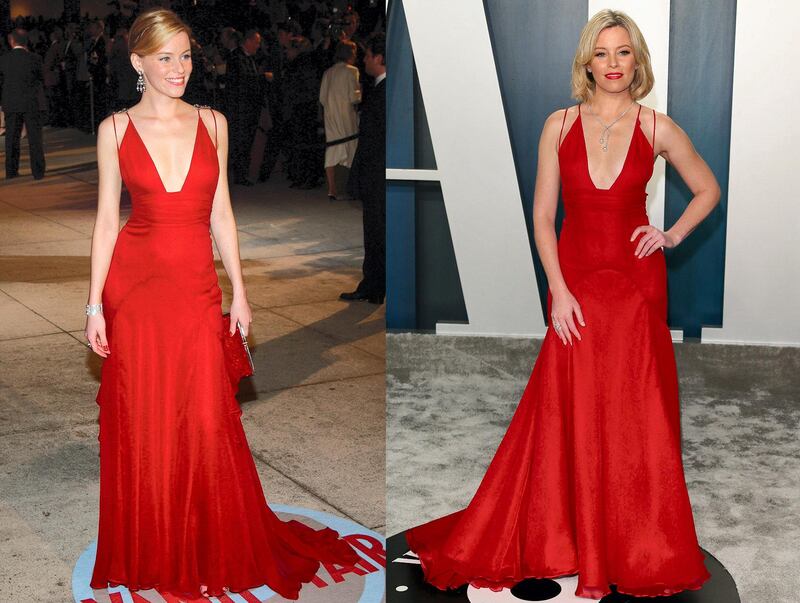 Elizabeth Banks first wore this red Badgley Mischka gown for the Oscars Vanity Fair party in 2004, and the actress pulled the dress out again for the same party 16 years later, in 2020. Getty/ AFP