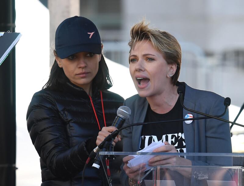 Actress Scarlett Johansson speaks to the crowd during the Women's Rally in Los Angeles. Mark Ralston / AFP