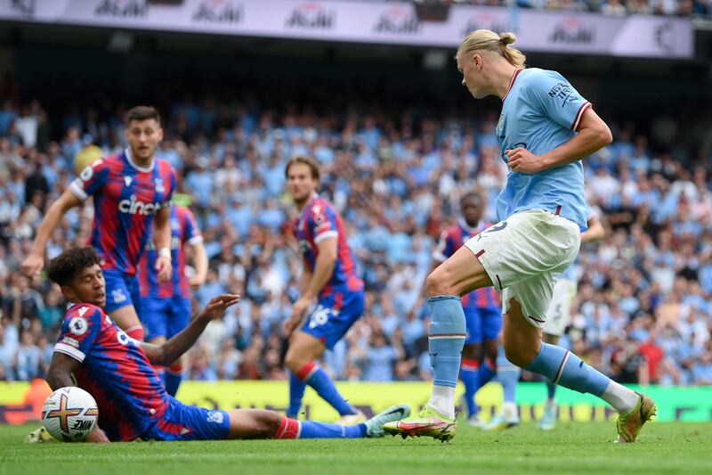 Erling Haaland of Manchester City scores against Crystal Palace at the Etihad Stadium. Getty