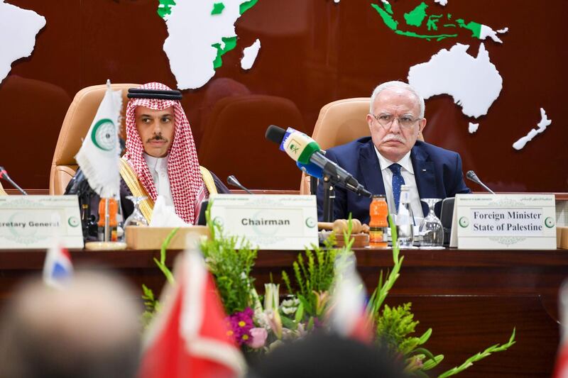 Palestinian Foreign Minster Riyad al-Maliki (right) delivers a speech during an emergency ministerial meeting of the Organisation of Islamic Cooperation (OIC) in Jeddah, to address US President Donald Trump's Middle East plan. AFP