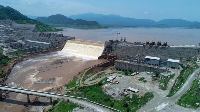 20 July 2020, Ethiopia, Bameza: The overview shows the Grand Ethiopian Renaissance Dam. The future largest dam in Africa has been the cause of dispute between Ethiopia, Egypt and Sudan for years. The countries have now overcome a major hurdle: The reservoir has been filled. But the problem is far from being solved. Water will become increasingly scarce worldwide in the future - and tensions over water resources such as the Nile will rise. Photo by: Yirga Mengistu/picture-alliance/dpa/AP Images