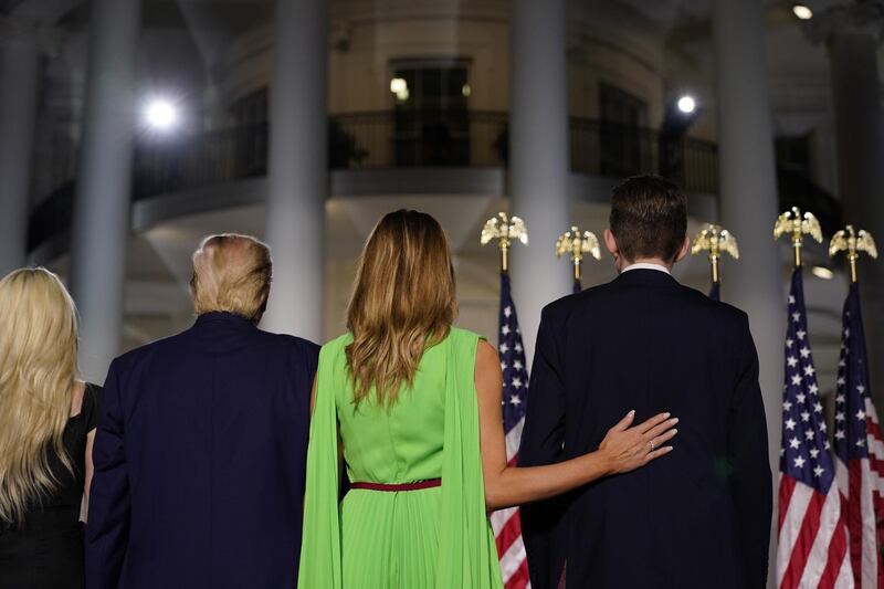 Tiffany Trump, US President Donald J. Trump, first lady Melania Trump, and Barron Trump stand on stage. EPA