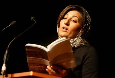 LONDON.14th July 2010. Emirati poet Nujoom al Ghanem rehearses reading her poetry at the Southbank Centre  in London as part of the London Literature Festival.  Stephen Lock for The National. 