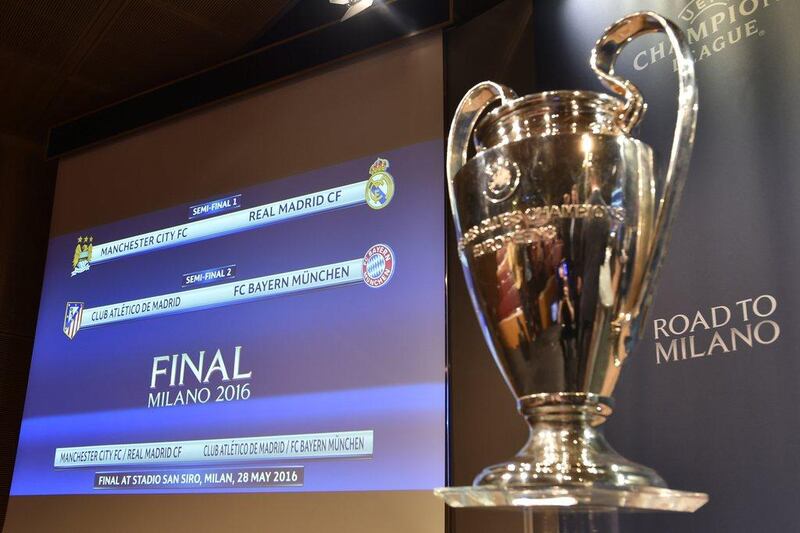 The Uefa Champions League trophy on display at the draw for the semi-finals. Fabrice Coffrini /  AFP 

