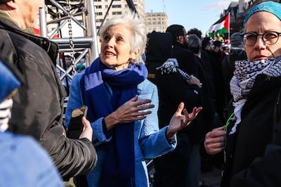 Jill Stein speaks with demonstrators during the March on Washington for Gaza rally in Washington on January 13. Bloomberg via Getty