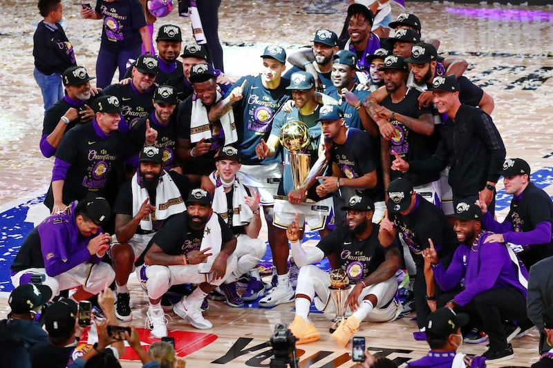 The Los Angeles Lakers squad celebrate. USA TODAY Sports