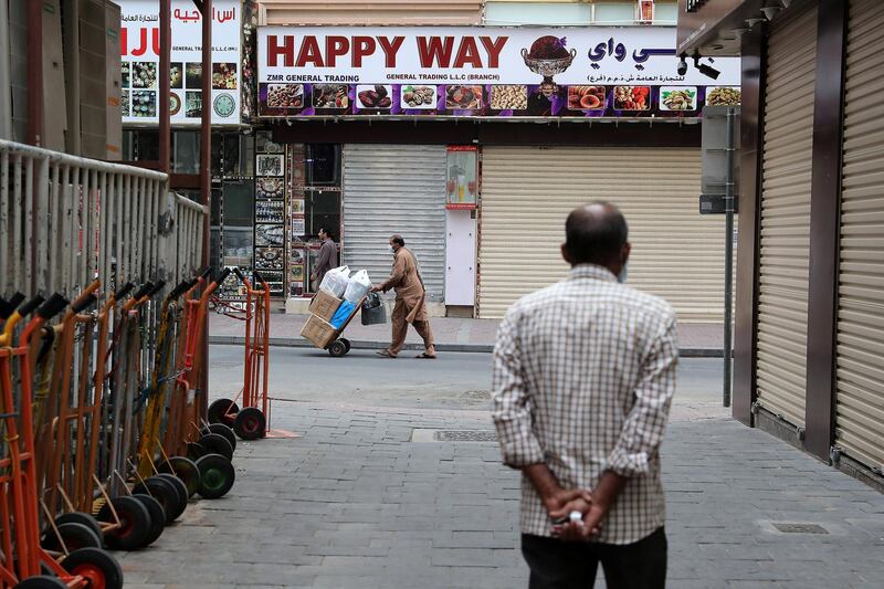 DUBAI, UNITED ARAB EMIRATES , March 24 – 2020 :- View of the closed shops in Deira as people are staying home as a preventive measure against coronavirus in Deira Dubai. (Pawan Singh / The National) For News/Online/Standalone.