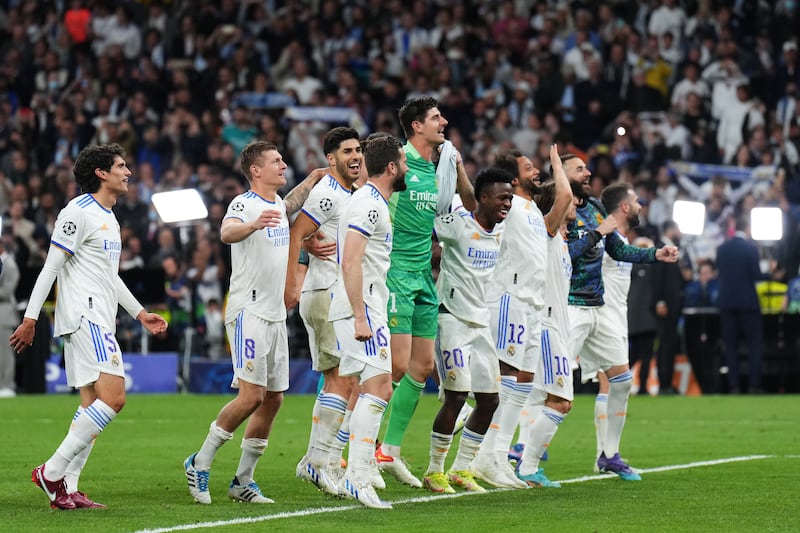 Real Madrid celebrate winning a place in the Champions League final against Liverpool on May 28 after beating Manchester City 3-1 in the 2nd leg of their semi-final for a 6-5 aggregate triumph. Getty